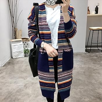 (エスティーリーフ)Esty leaf レディース ジャガード ロング カーディガン ニット ボーダー オルテガ 膝丈 トッパー 長袖 ゆったり